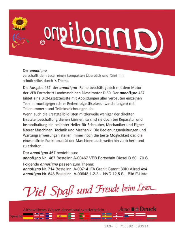 Fortschritt Landmaschinen Diesel Motor Typ D 50 Bild- Ersatzteilliste & Explosionszeichnungen - annoligno 467